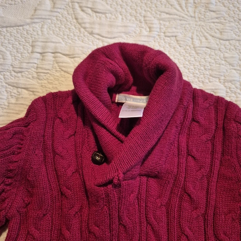 Janie and Jack boys 6-12 months cable knit cardigan deep red EUC - Picture 2 of 5